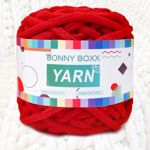 BONNY BOXX Chenille, grobes Häkelgarn, Baby-Samtgarn für Decken, Basteln, flauschiges Plüsch-Garn zum Häkeln und Stricken (100 g, Rot) von BONNY BOXX