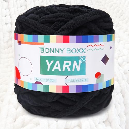 BONNY BOXX Chenille, grobes Häkelgarn, Baby-Samtgarn für Decken, Basteln, flauschiges Plüsch-Garn zum Häkeln und Stricken (100 g, schwarz) von BONNY BOXX