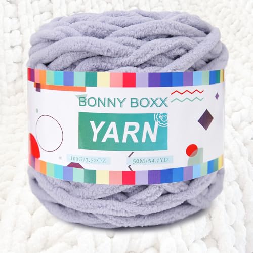 BONNY BOXX Chenille Chunky Häkelgarn, Baby-Samtgarn für Decken, Basteln, flauschiges Plüsch-Garn zum Häkeln und Stricken (100 g, Hellgrau) von BONNY BOXX