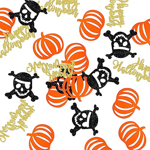 BoogieBear Konfetti, goldfarbenes Glitzer-Design, 220 Stück, gemischte Konfetti, orangefarbener Kürbis und schwarzer Glitzer-Totenkopf, Party-Tischdekoration für Halloween-Tischdekorationen von BOOGIE BEAR