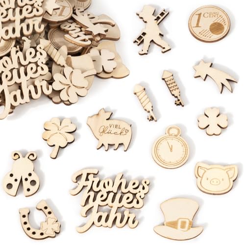 BOOMTOP 100pcs Glücksbringer Streudeko Silvester Deko Holz Konfetti Kleeblatt Tischdeko 2025 Frohes Neues Jahr Deko Beschreibbar Holz Viel Glück Schweine Hufeisen Neujahr Deko Give Away 0,8-4,2cm von BOOMTOP