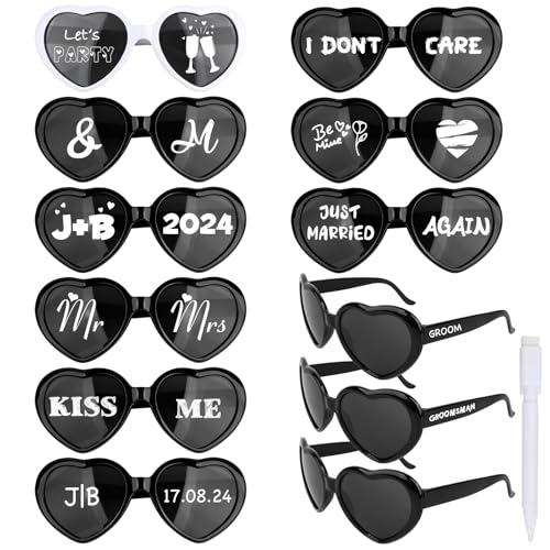 BOOMTOP 12 Stück Herz Sonnenbrille Personalisiert Herz Brillen Partybrille Hochzeit Weiß/Rosa/Schwarz JGA Brille Lustige Hippie Brillen mit Stift Junggesellenschied Deko für Karneval Mottoparty von BOOMTOP