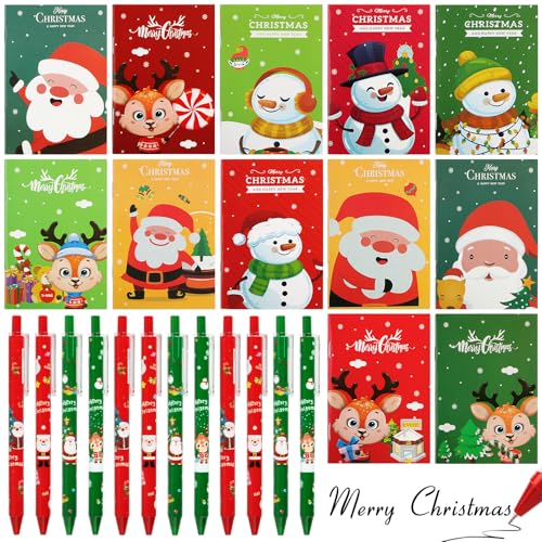 BOOMTOP 12x Weihnachten Kugelschreiber 12x Weihnachten Mini Notizblöcke 0,5mm Druckkugelschreiber Tasche Notizbuch Weihnachten Geschenk Adventskalender Füllung Ideen Kleinigkeiten Party Mitbringsel von BOOMTOP