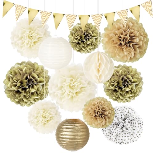 BOOMTOP 13 Stück Pompons Deko Papier Pompom Seidenpapier mit goldene Girlande Gold Beige Papierlaternen Krepppapier Deko Pompoms Hochzeitsdeko für Böhmische Hochzeit Geburtstag Taufe Karneval von BOOMTOP