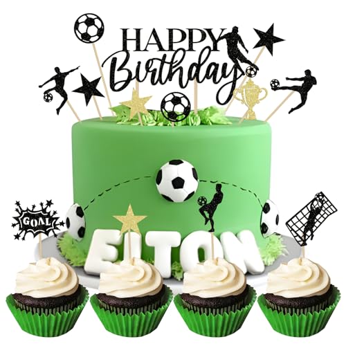 BOOMTOP 13pcs Fussball Cupcake Topper Fußball Kuchen Topper Geburtstag Torten Deko Glitzer Fussball Party Kuchenstecker Muffin Deko für Fußball Party Babyparty Geburtstagsfeier Gold Schwarz von BOOMTOP