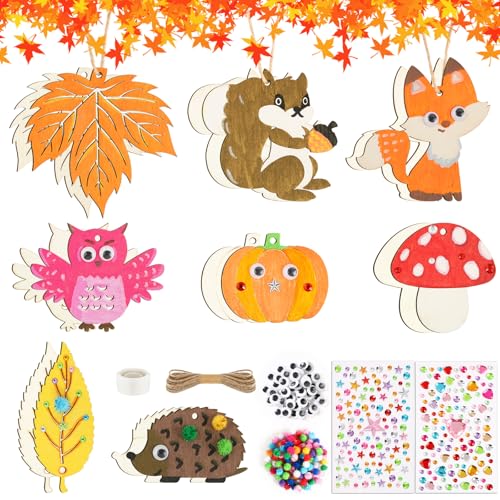 BOOMTOP 16pcs Herbst Bastelset Kinder Holz Igel Blätter Basteln Set Herbst Deko zum Bamalen Kürbis Pilz Fuchs Eichhörnchen Herbst Dekoration mit Strassaufkleber DIY Kreativset Handwerk von BOOMTOP