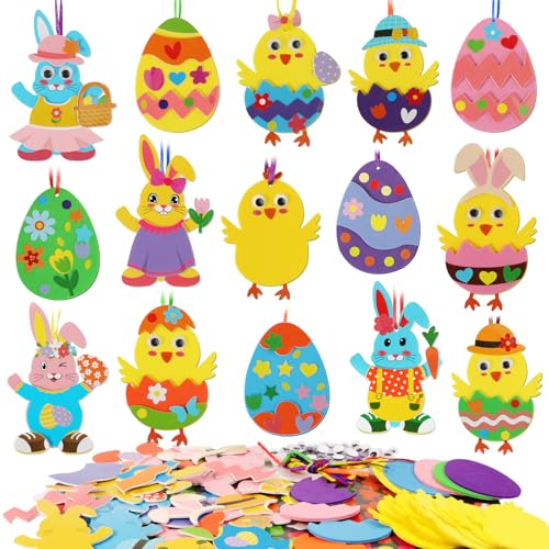 BOOMTOP 17 Stück Ostern Bastelset Kinder Osterhasen Ostereier Osterküken Basteln Ostern Anhänger Deko Moosgummi Aufkleber Selbstklebend Schaumstoff Sticker Ostergeschenk Kreativset zum Aufhängen von BOOMTOP