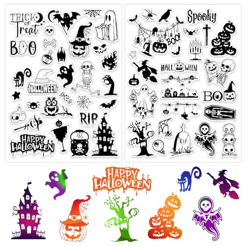 BOOMTOP 2 Bögen Halloween Silikon Stempel Transparente Stempel Clear Stamps für Kartenherstellung Klare Stempel Set Kürbis Geist Fledermaus DIY Scrapbooking Fotoalbum Journaling Geschenkverpackung von BOOMTOP