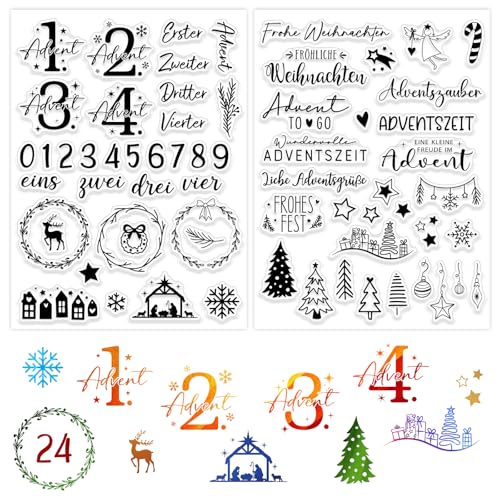 BOOMTOP 2 Bögen Silikon Stempel Advent Zahlen Klare Stempel Adventskalender Adventszauber Stempel Set Weihnachten Advent Clear Stamps Deutsch Sprüche für Kartenherstellung DIY Geschenk Scrapbooking von BOOMTOP