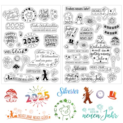 BOOMTOP 2 Bögen Silikon Stempel Silvester Klare Stempel Neujahr 2025 Frohes Neues Jahr Stempel Set Kartenherstellung Viel Glück Clear Stamps für DIY Geschenk Scrapbooking von BOOMTOP