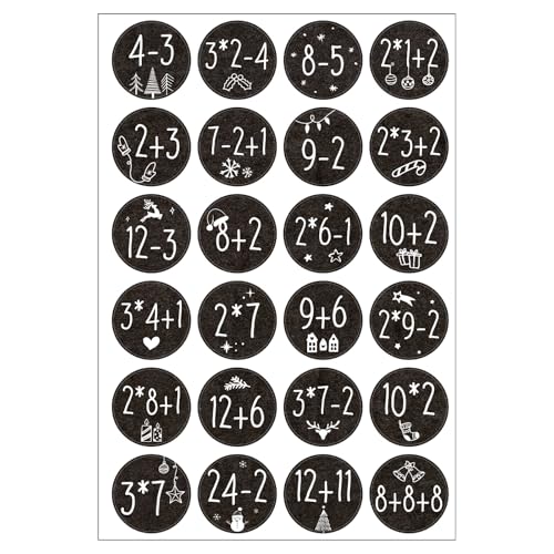 BOOMTOP 24 Adventskalender Zahlen Aufkleber mit Rechenaufgaben Adventszahlen 1-24 Sticker Rund Ø 3,8 cm Adventsaufkleber Weihnachtsaufkleber Geschenkaufkleber Zahlenspiel für Matheliebhaber Schwarz von BOOMTOP