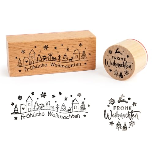 BOOMTOP 2Pcs Weihnachten Stempel Holz Stempel Frohe Weihnachten Motivstempel Fröhliche Weihnachten Stempel Set Dekostempel zum Basteln DIY Kartenherstellung Scrapbooking Geschenk Rund Recheckig von BOOMTOP