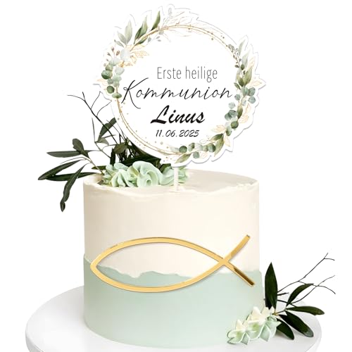 BOOMTOP 2pcs Erste Heilige Kommunion Tortendeko Kommunion Cake Topper Personalisiert Erstkommunion Deko Torte Papier Kuchen Deko Acryl Fisch Torten Topper Kuchenstecker Gold Tortenaufsatz von BOOMTOP