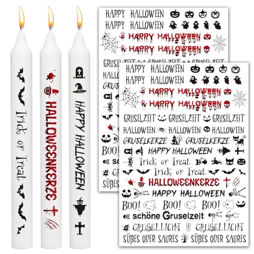 BOOMTOP 2x Kerzen Tattoo Halloween Kerzen Deko Happy Halloween Kerzenaufkleber Kürbis Rub on Sticker Tattoofolie Kerzensticker für Stabkerzen Kleine Kerzen Keramik DIY Geschenk Schwarz Rot von BOOMTOP