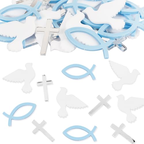 BOOMTOP 30pcs Streudeko Taufe Konfetti Acryl Fische Kreuz Taube Tischdeko Klein Kommunion Blau Silber Weiß Spiegeleffekt Kreuze Deko für Jungen Mädchen Konfirmation Firmung Erstkommunion Babyparty von BOOMTOP