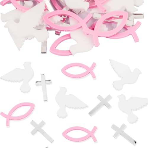 BOOMTOP 30pcs Streudeko Taufe Konfetti Acryl Fische Kreuz Taube Tischdeko Klein Kommunion Rosa Silber Weiß Spiegeleffekt Kreuze Deko für Jungen Mädchen Konfirmation Firmung Erstkommunion Babyparty von BOOMTOP