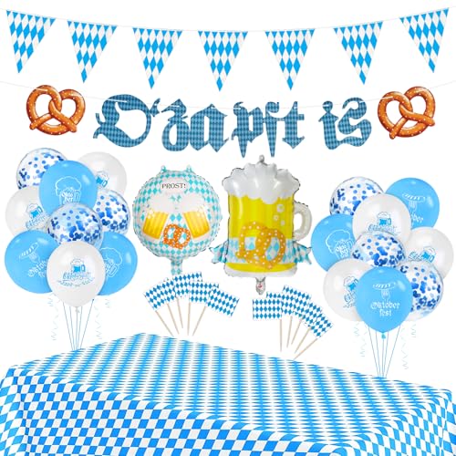 BOOMTOP Oktoberfest Deko Set Bayrische Deko Girlande O'zapft is Banner Wimpelkette Oktoberfest Party Luftballons Tischdecke Girlande Cake Topper 33 Stück Bayern Bierfest Wiesn Dekoration Blau Weiß von BOOMTOP