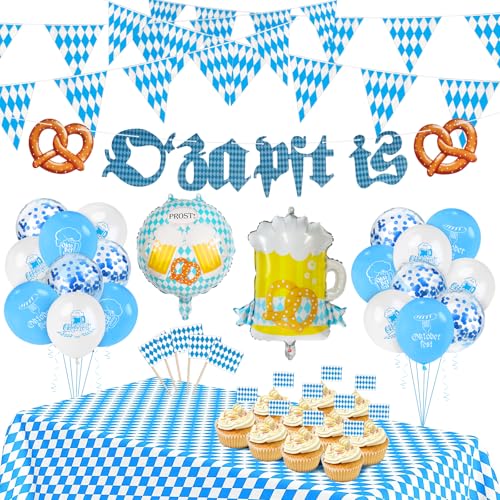 BOOMTOP Oktoberfest Deko Set Bayrische Deko Girlande O'zapft is Banner Wimpelkette Oktoberfest Party Luftballons Tischdecke Girlande Cake Topper 33 Stück Bayern Bierfest Wiesn Dekoration Blau Weiß von BOOMTOP