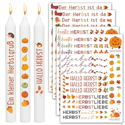 BOOMTOP 4x Kerzen Tattoo Herbst Kerzen Deko Herbstgruß Bunte Kerzenaufkleber Rub on Sticker Deutsche Sprüche Erntedankfest Kerzensticker für Stabkerzen Kleine Kerzen DIY Geschenk von BOOMTOP