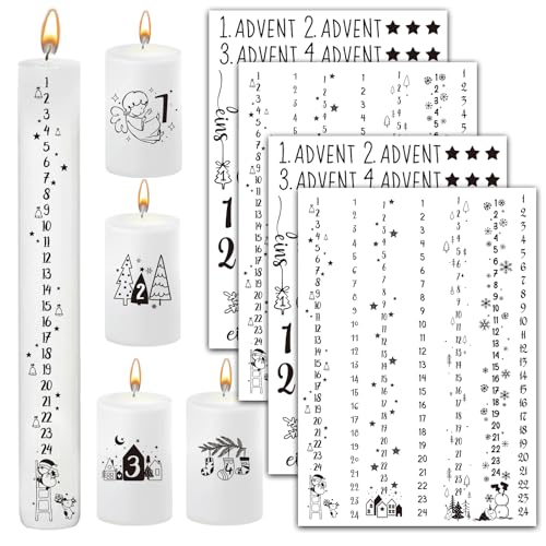 BOOMTOP 4x Kerzen Tattoos Folie Advent Weihnachten Rub On Sticker Kerzen Aufkleber mit Zahlen Adventskerzen 1-24 Kerzenfolie Kerzensprüche Kerzensticker Kerzen Verzieren für Stabkerzen Tasse Schwarz von BOOMTOP