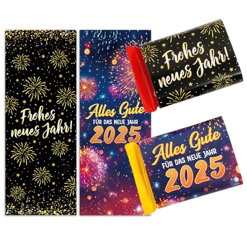 BOOMTOP 50 Schokoladenbanderole Frohes Neues Jahr 2025 Schokolade Aufkleber Silvester Neujahr Geschenk Mini Schokoladen Banderolen Feuerwerke Sticker Selbstklebend Schokobanderolen 5x13cm von BOOMTOP