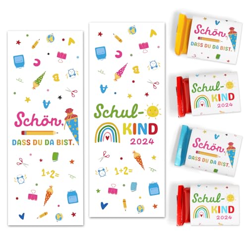 BOOMTOP 50 Schokoladenbanderole Schulanfang Schokolade Aufkleber Schulkind 2024 Schön dass du da bist Mini Schokoladen Banderolen Selbstklebend Sticker Gastgeschenk zur Einschulung 5x13cm von BOOMTOP