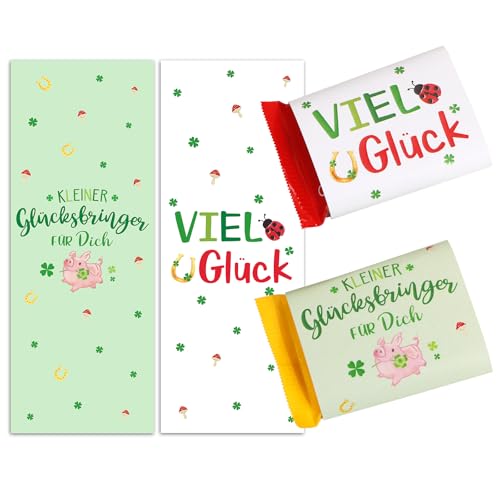 BOOMTOP 50 Schokoladenbanderole Viel Glück Schokolade Aufkleber Silvester Neujahr Glücksbringer Geschenk Mini Schokoladen Banderolen Sticker Selbstklebend Kleeblatt Schwein Schokobanderolen 5x13cm von BOOMTOP