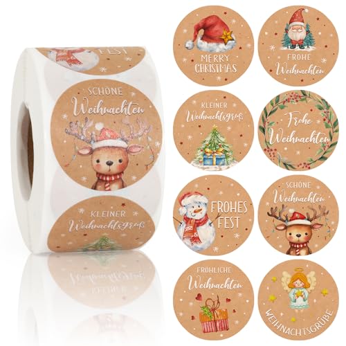 BOOMTOP 500 Stück Weihnachten Aufkleber Rund Kraftpapier Aufkleber Frohe Weihnachten Sticker Selbstklebend Weihnachtsaufkleber Rolle 4cm Weihnachts Geschenk Etiketten 8 Motive für Papiertüten Karte von BOOMTOP