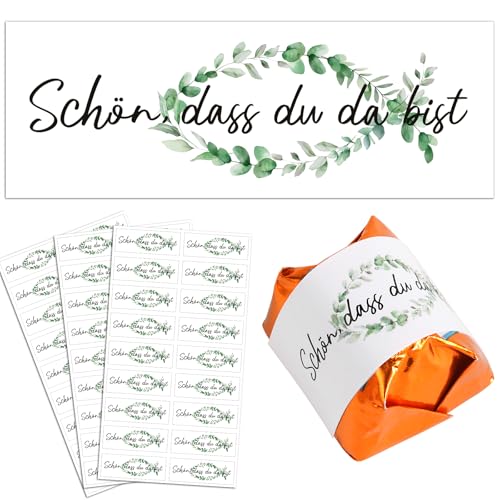 BOOMTOP 52 Aufkleber Schön, dass du da bist Taufe Hochzeit Gastgeschenke Sticker Fisch Eukalyptus Pralinenaufkleber für Konfirmation Kommunion Geburtstag für Küsschen Pralinen Rechteckig 5x1,8cm von BOOMTOP