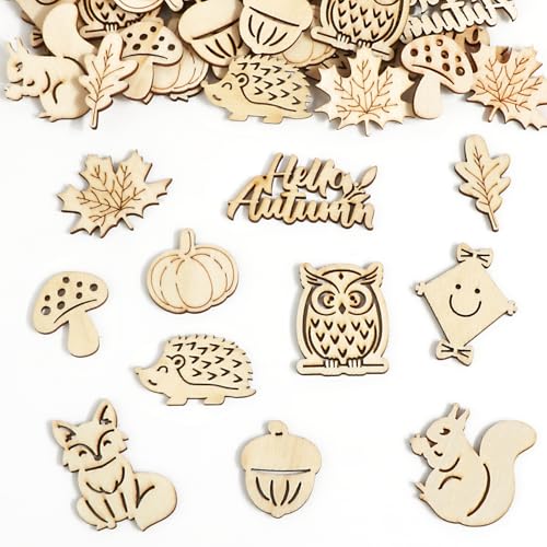 BOOMTOP 55pcs Herbst Holz Konfetti Streudeko Kleine Holzformen Blätter Kürbis Igel Holz Streuteile Tischdeko zum Bemalen Bastel Zubehör zum Kartenbasteln Scrapbooking Geschenkanhänger Tischdekoration von BOOMTOP