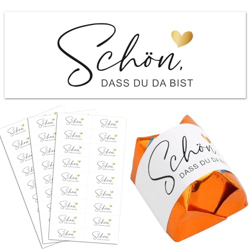 BOOMTOP 56 Aufkleber Schön, dass du da bist Hochzeit Gastgeschenke Sticker Herzchen Pralinenaufkleber für Geburtstag Taufe Kommunion für Küsschen Pralinen Rechteckig 5x1,8cm von BOOMTOP