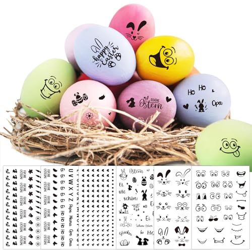 BOOMTOP 6 Bögen Ostern Eier Sticker Tattoos Eierfarben Ostern Deko Aufkleber Ostereier Färben Lustige Gesichter Augen Mund Frohe Ostern Basteln Buchstaben Osterhase Aufkleber Osterdekoration Schwarz von BOOMTOP