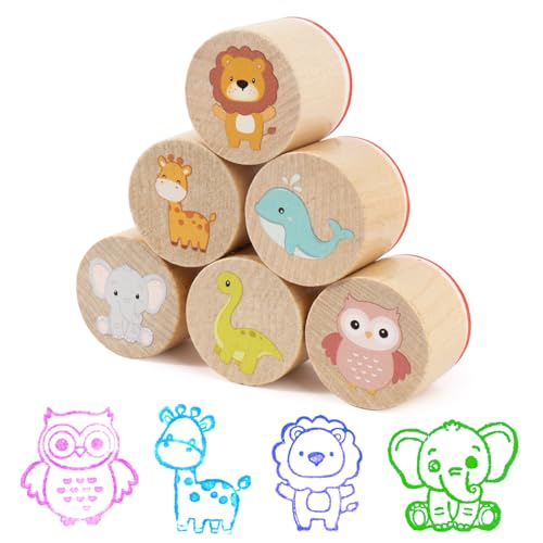 BOOMTOP 6Pcs Stempel Holz Tiere Holzstempel zum Basteln Kinder Motivstempel Set Rund Klein Stempelset Löwe Dinosaurier Eule für Kartenbasteln Scrapbooking Bullet Journal Geschenkverpackung von BOOMTOP