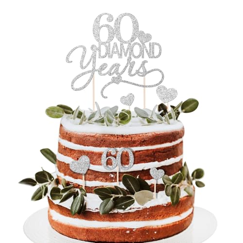 BOOMTOP 7 Stück Tortendeko Diamantene Hochzeit 60 Jahre Cake Topper 60 Diamond Years Kuchendeko Silber Glitzer 60 Jahrestag Geburtstag Torten Topper Tortenstecker Hochzeitstorte Jubiläum Dekoration von BOOMTOP