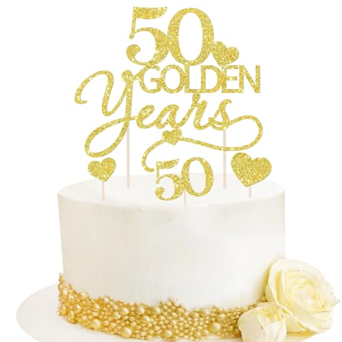 BOOMTOP 7 Stück Tortendeko Goldene Hochzeit Cake Topper 50 Golden Years Kuchendeko Gold Glitzer 50 Jahrestag Geburtstag Torten Topper Tortenstecker Goldene Hochzeit Jubiläum Dekoration von BOOMTOP