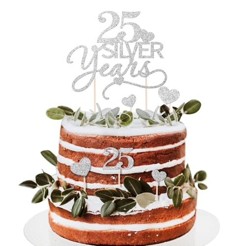 BOOMTOP 7 Stück Tortendeko Silberhochzeit Cake Topper Silberne Hochzeit Deko 25 Silver Years Kuchendeko Silber Glitzer 25 Jahre Jahrestag Torten Topper Tortenstecker Hochzeit Jubiläum Dekoration von BOOMTOP