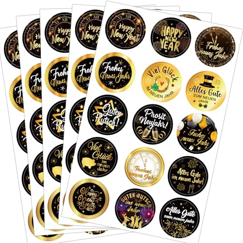 BOOMTOP 75 Frohe Neues Jahr Aufkleber Silvester Deko 2025 Feuerwerk Geschenk Etiketten Sticker Rund 3,8cm Schwarz Gold Geschenkaufkleber Happy New Year Neujahr Deko 15 Motive für Silvester Geschenke von BOOMTOP