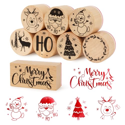 BOOMTOP 8Pcs Weihnachten Stempel Holz Rund Holzstempelset Merry Christmas Stempel Weihnachtsstempel Klein Motivstempel Kinder für Kartenbasteln Scrapbooking Geschenkpapier von BOOMTOP