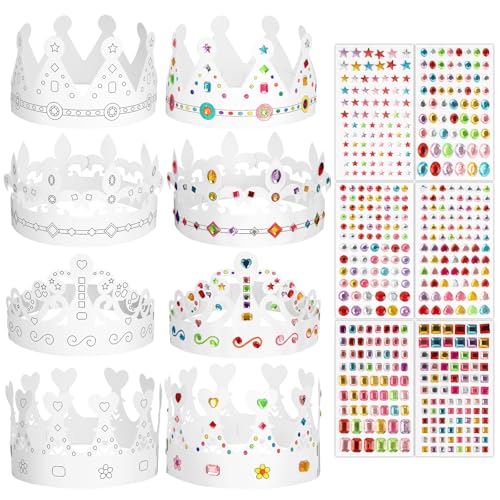 BOOMTOP 8pcs Kinder Kronen Papier Geburtstagskrone zum Malen und Basteln Papierkrone Weiß Geburtstag Partyhüte mit 6 Strasssteine Selbstklebend Glitzersteine Aufkleber für Kindergeburtstag Party von BOOMTOP