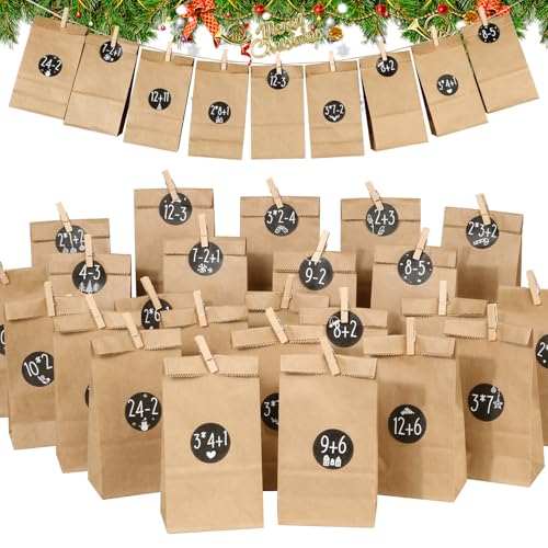 BOOMTOP Adventskalender zum Befüllen 24 Tüten Kraftpapier Papiertüten mit Advent Zahlen Aufkleber 1-24 Weihnachten Tüten Geschenktüte Weihnachtskalender zum Basteln mit 24 Holzklammern und Juteschnur von BOOMTOP