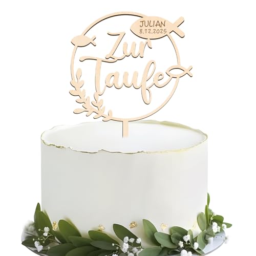 BOOMTOP Cake Topper Zur Taufe Personalisiert Name Tortendeko Holz Taufe Kommunion Fisch Kuchen Cupcake Topper Kuchendekoration zum Beschriften Kuchenstecker Kuchenaufsatz 21,5x14cm von BOOMTOP