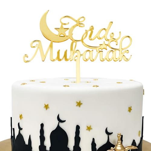 BOOMTOP Eid Mubarak Cake Topper Acryl Ramadan Kuchendeko Gold Glitzer Torten Topper Mond Sterne Cupcake Topper Muslimischen Islam Tortenstecker Kuchendekoration Tortenaufsatz von BOOMTOP