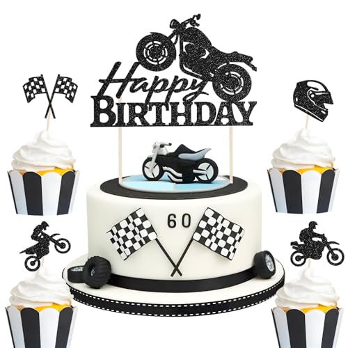 BOOMTOP Motorrad Torten Deko Geburtstag 9pcs Cake Topper Happy Birthday Glitzer Kuchen Deko Cupcake Topper Kuchenstecker Schwarz Muffin Deko für Jungen Männer Sport Party Geburtstagsfeier von BOOMTOP