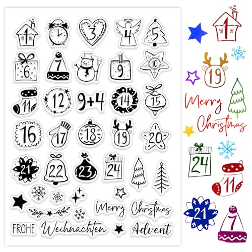 BOOMTOP Silikon Stempel Advent Zahlen Klare Stempel Adventskalender Adventszahlen 1-24 Frohe Weihnachten Stempel Set zum Basteln Advent Clear Stamps für Kartenherstellung DIY Geschenk Scrapbooking von BOOMTOP