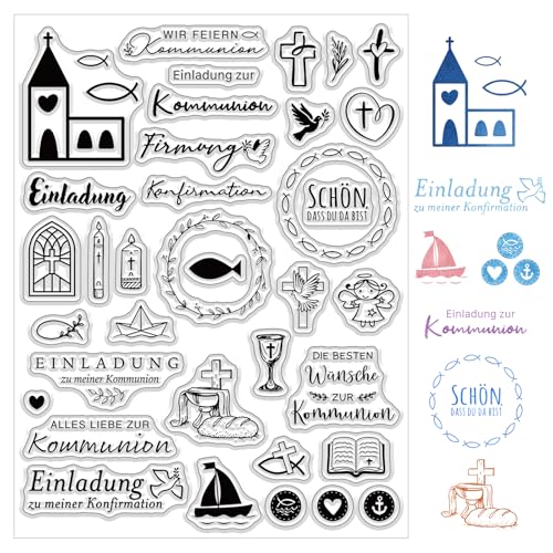 BOOMTOP Silikon Stempel Kommunion Silikonstempel Taufe Klare Stempel Set Einladung Konfirmation Firmung Stempelmotive Clear Stamps Sprüche Deutsch zum Kartenbasteln Scrapbooking Geschenkanhänger von BOOMTOP