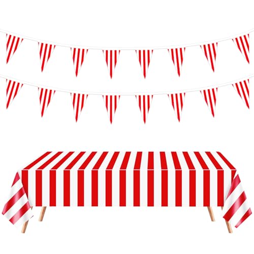 BOOMTOP Tischdecke Karneval Rot Weiß Gestreift Wimpelkette Kunststoff Tischdecken Streifen Banner Girlande Zirkus Tischdeko Fasching Party Dekoration für Kindergeburtstag Mottoparty 270 x 140 cm von BOOMTOP