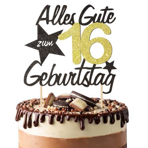 BOOMTOP Torten Deko 16 Geburtstag Deko Kuchen Junge Mädchen Happy 16th Birthday Cake Topper Alles Gute zum Geburtstag 16 Jahre Kindergeburtstag Kuchen Topper 16 Geburstagstorte Deko Gold Schwarz von BOOMTOP