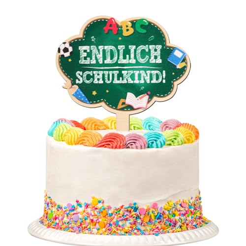 BOOMTOP Tortendeko Einschulung Holz Schulanfang Cake Topper Endlich Schulkind Kuchen Topper Einschulung Deko Schulkind 2024 Kuchendeko Cupcake Topper 1. Schultag Tortenstecker für Mädchen Junge Grün von BOOMTOP