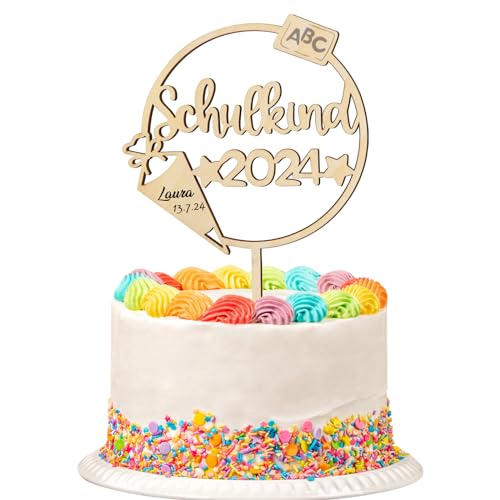 BOOMTOP Tortendeko Einschulung Holz Schulkind 2024 Schulanfang Cake Topper Endlich Schulkind Mädchen Junge Kuchen Topper Einschulung Deko Torte Kuchendeko Cupcake Topper 1. Schultag Tortenstecker von BOOMTOP