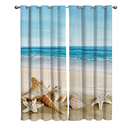 BOONGA Strand-Seestern-Muschel Blickdichte Gardinen Verdunkelungsvorhange 2er Set - Ozean Wärmeisolierende Vorhänge mit Ösen für Wohnzimmer Schlafzimmer Blackout Curtains, 183 x 117 cm von BOONGA